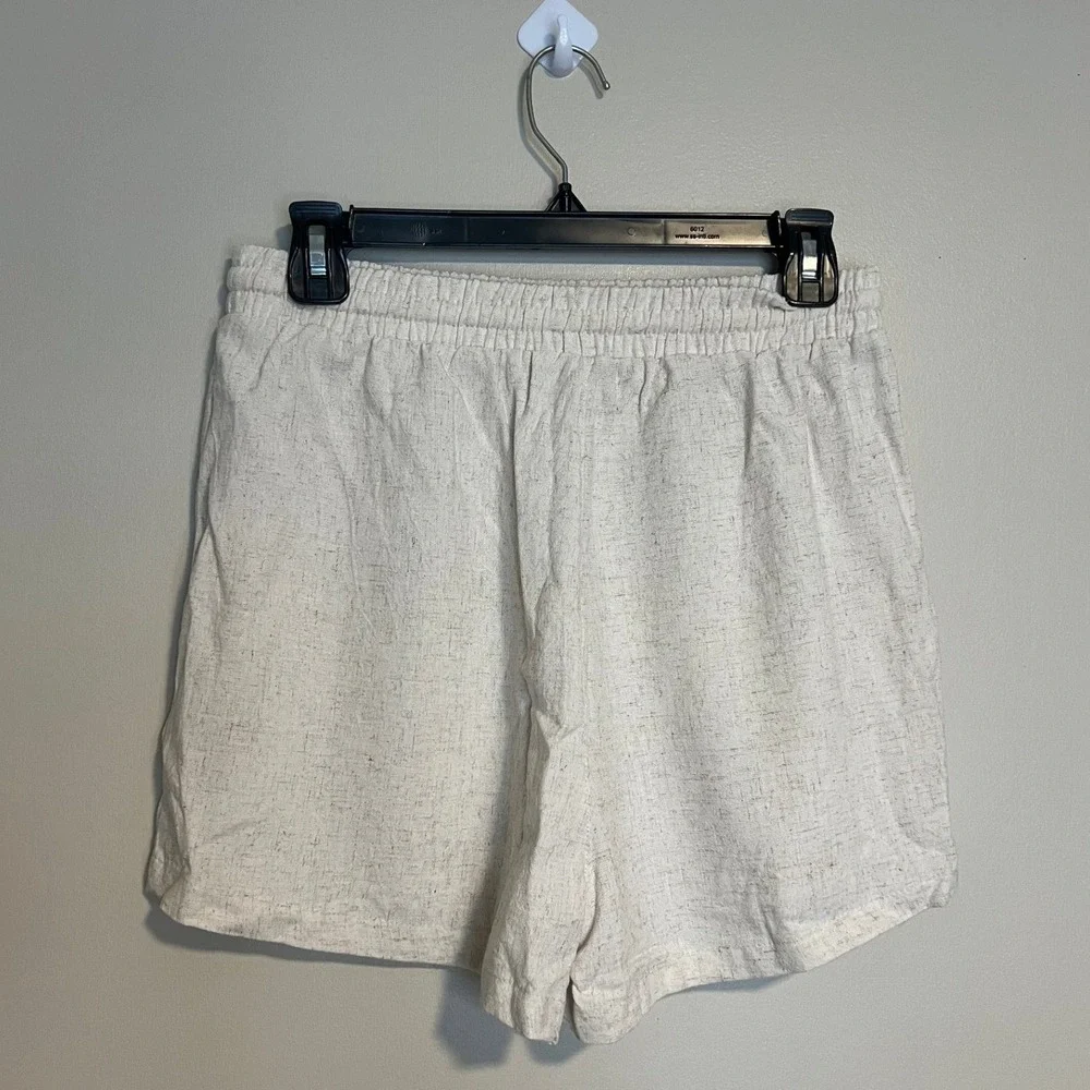 Iris Oatmeal Linen Blend Drawstring Elastic Waist Shorts ISET405 Tan Cream M